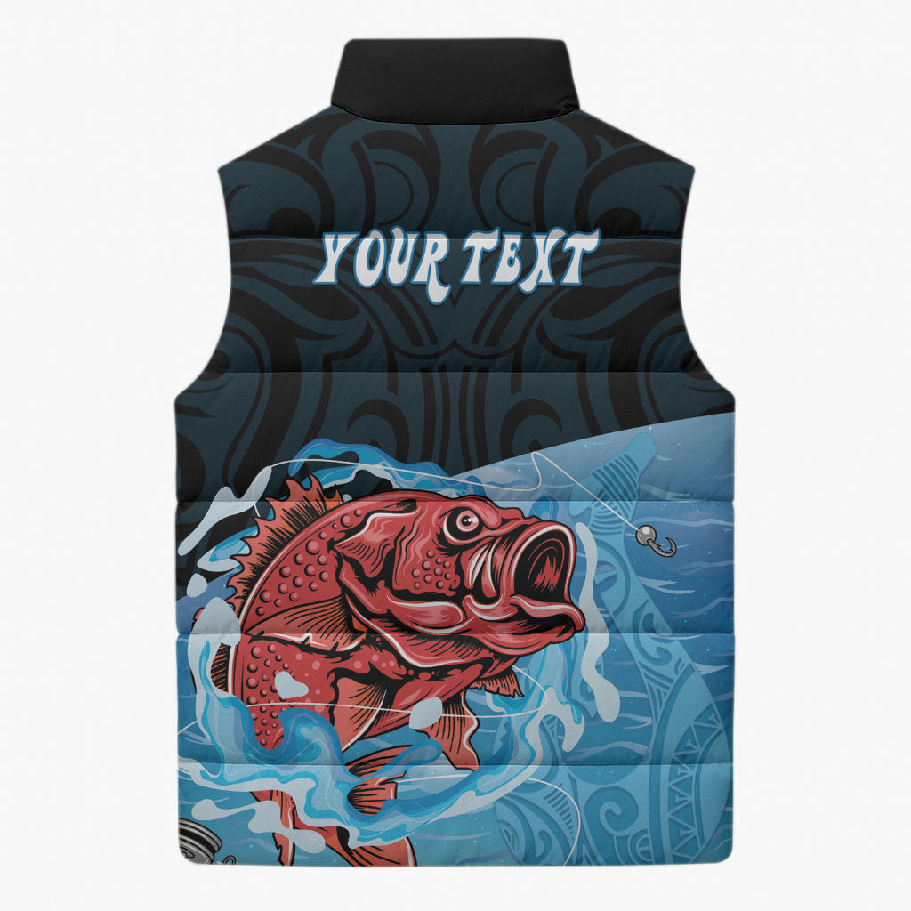 Personalised Snapper Fishing New Zealand Sleeveless Puffer Jacket Tamure Fish Hook Maori Pattern