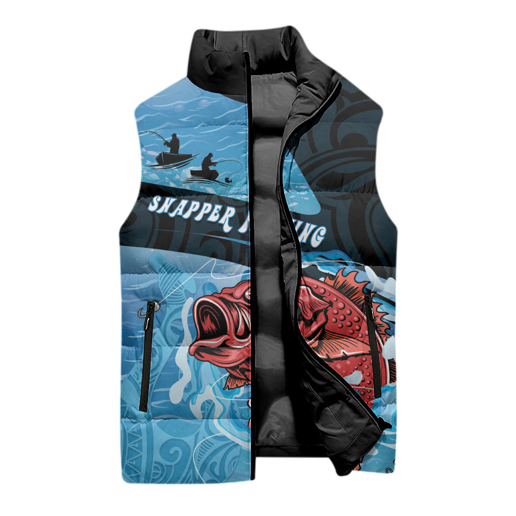 Personalised Snapper Fishing New Zealand Sleeveless Puffer Jacket Tamure Fish Hook Maori Pattern