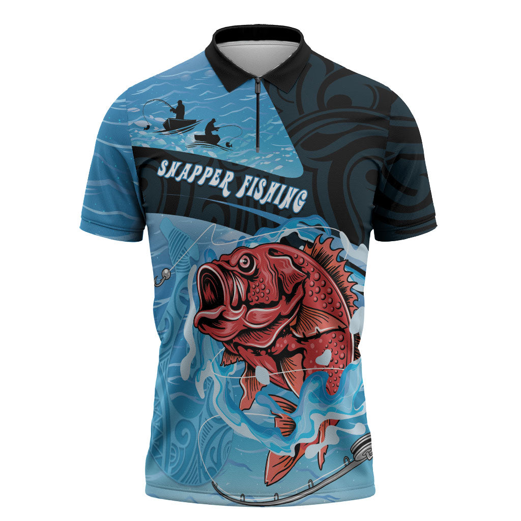 Personalised Snapper Fishing New Zealand Zipper Polo Shirt Tamure Fish Hook Maori Pattern