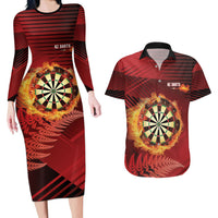 Personalised Darts New Zealand Couples Matching Long Sleeve Bodycon Dress and Hawaiian Shirt Silver Fern Red Color LT22 Red - Polynesian Pride