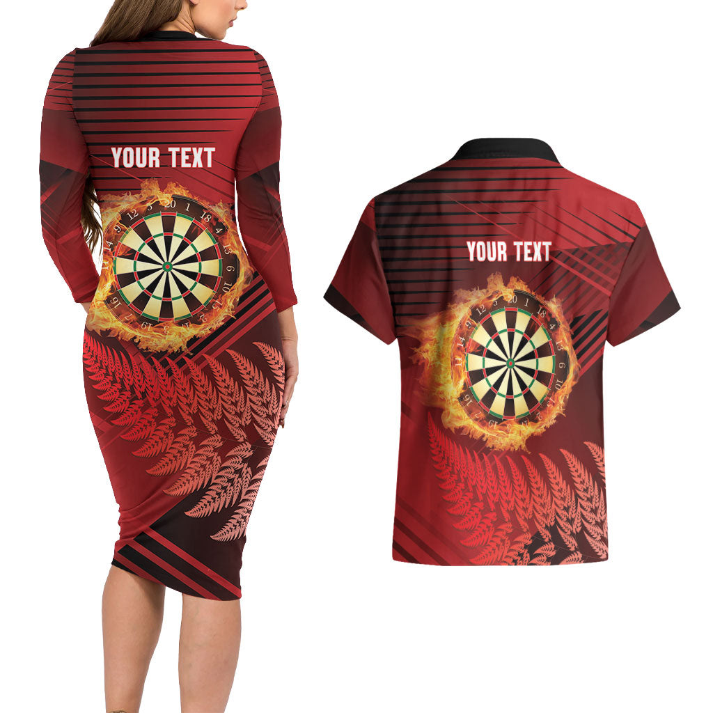 Personalised Darts New Zealand Couples Matching Long Sleeve Bodycon Dress and Hawaiian Shirt Silver Fern Red Color LT22 - Polynesian Pride