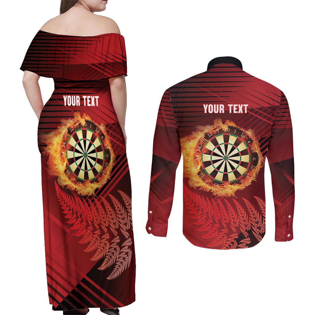 Personalised Darts New Zealand Couples Matching Off Shoulder Maxi Dress and Long Sleeve Button Shirt Silver Fern Red Color LT22 - Polynesian Pride