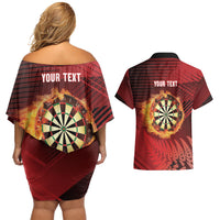 Personalised Darts New Zealand Couples Matching Off Shoulder Short Dress and Hawaiian Shirt Silver Fern Red Color LT22 - Polynesian Pride