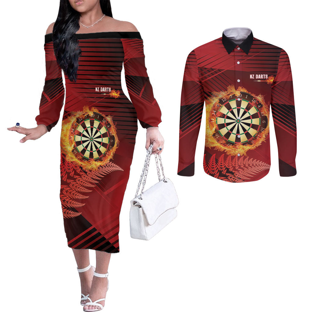Personalised Darts New Zealand Couples Matching Off The Shoulder Long Sleeve Dress and Long Sleeve Button Shirt Silver Fern Red Color