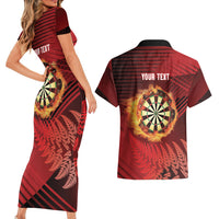 Personalised Darts New Zealand Couples Matching Short Sleeve Bodycon Dress and Hawaiian Shirt Silver Fern Red Color LT22 - Polynesian Pride