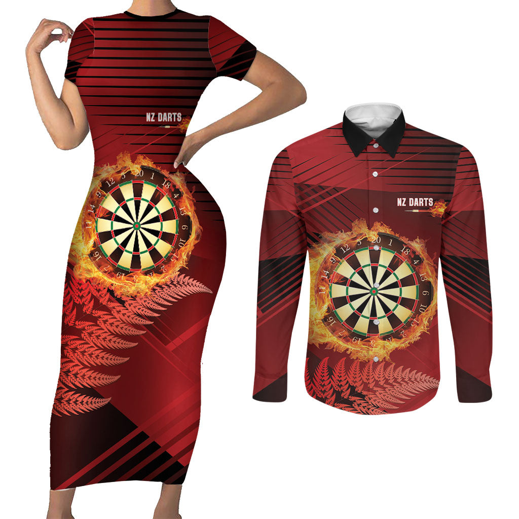 Personalised Darts New Zealand Couples Matching Short Sleeve Bodycon Dress and Long Sleeve Button Shirt Silver Fern Red Color