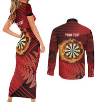 Personalised Darts New Zealand Couples Matching Short Sleeve Bodycon Dress and Long Sleeve Button Shirt Silver Fern Red Color LT22 - Polynesian Pride