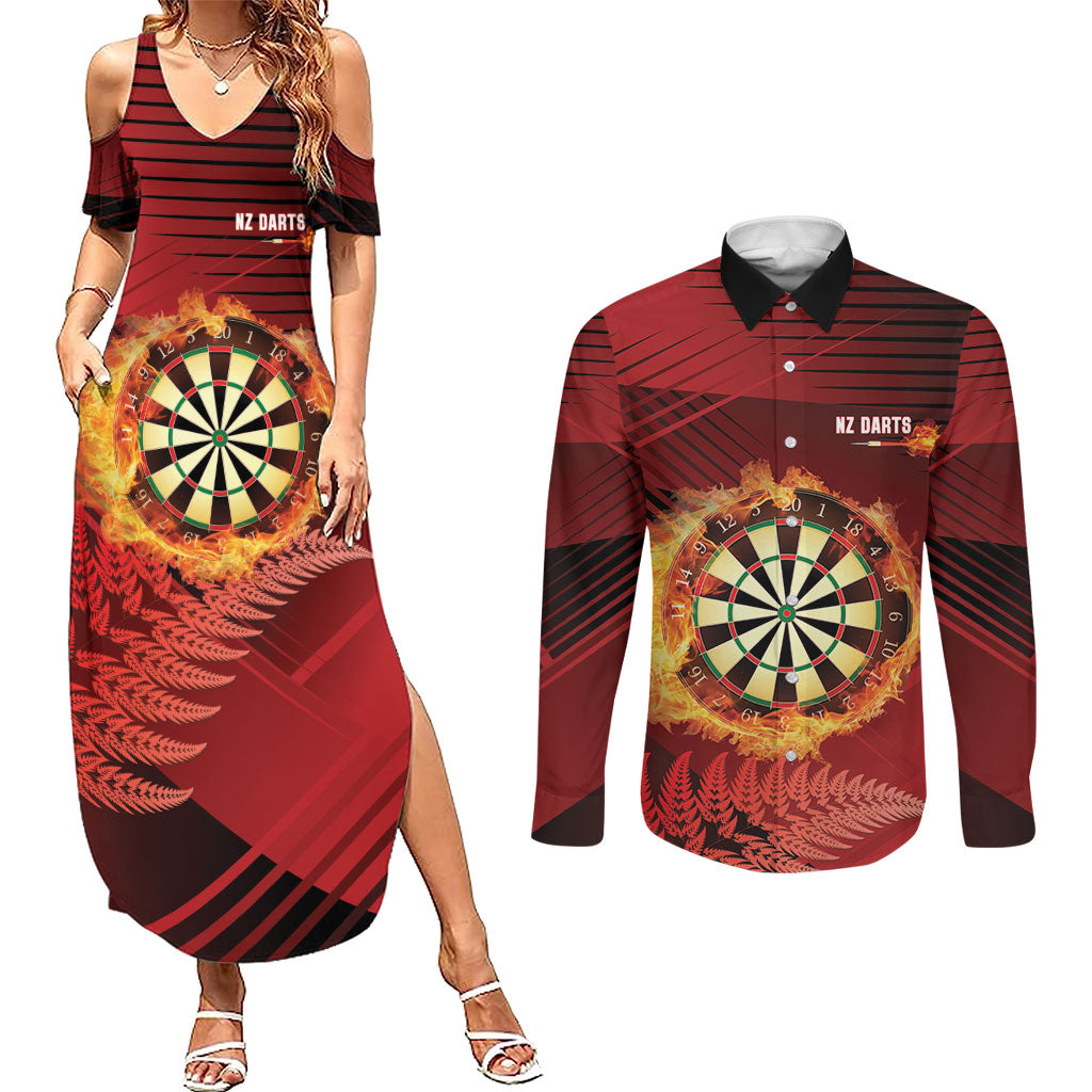 Personalised Darts New Zealand Couples Matching Summer Maxi Dress and Long Sleeve Button Shirt Silver Fern Red Color LT22 Red - Polynesian Pride