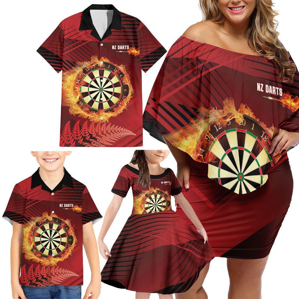 Personalised Darts New Zealand Family Matching Off Shoulder Short Dress and Hawaiian Shirt Silver Fern Red Color