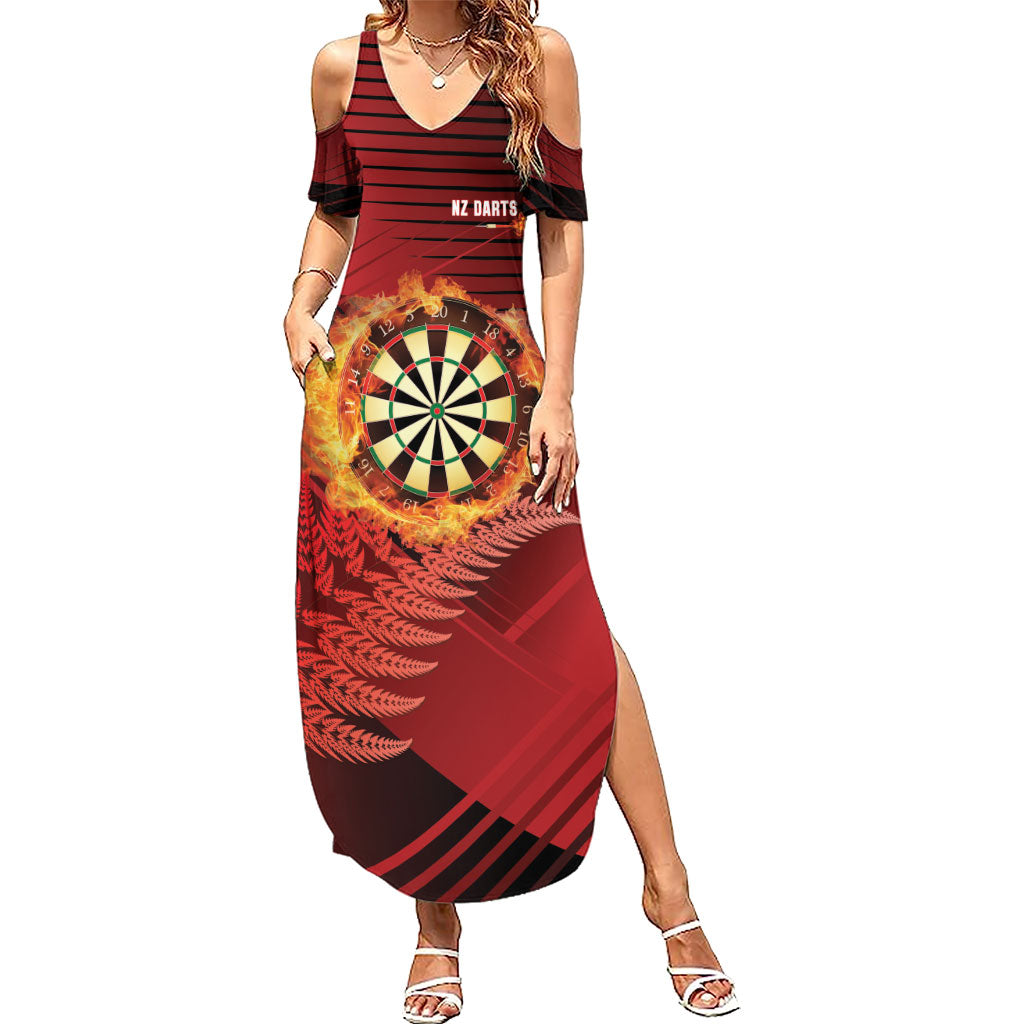 Personalised Darts New Zealand Family Matching Summer Maxi Dress and Hawaiian Shirt Silver Fern Red Color