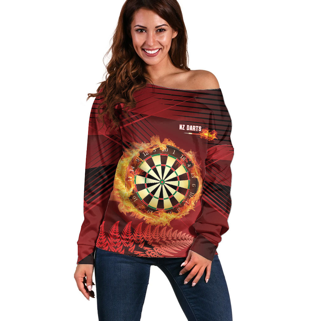 Personalised Darts New Zealand Off Shoulder Sweater Silver Fern Red Color