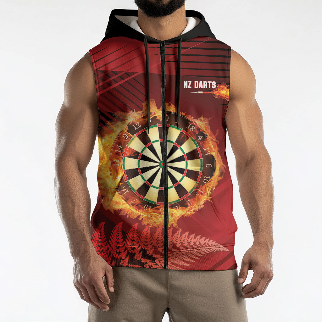Personalised Darts New Zealand Sleeveless Zip Hoodie Silver Fern Red Color