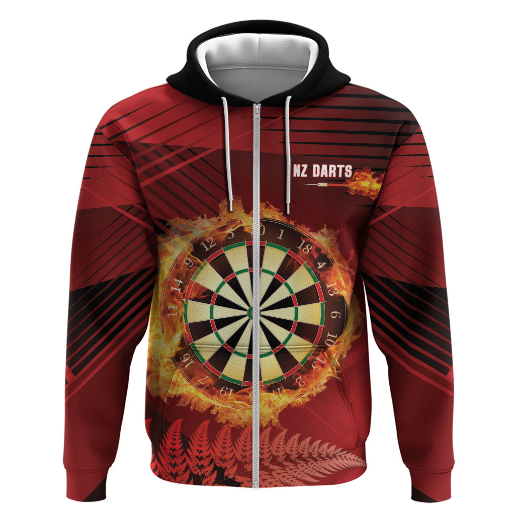 Personalised Darts New Zealand Zip Hoodie Silver Fern Red Color