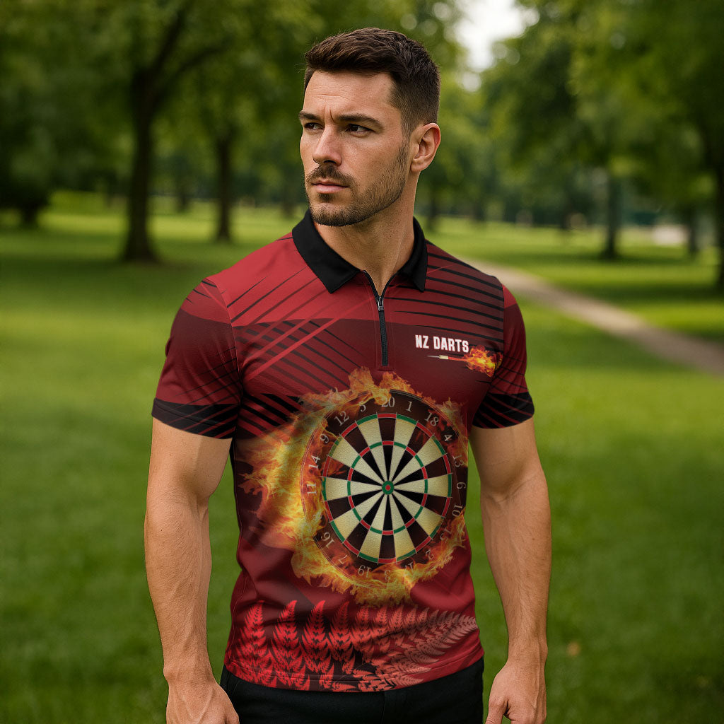 Personalised Darts New Zealand Zipper Polo Shirt Silver Fern Red Color