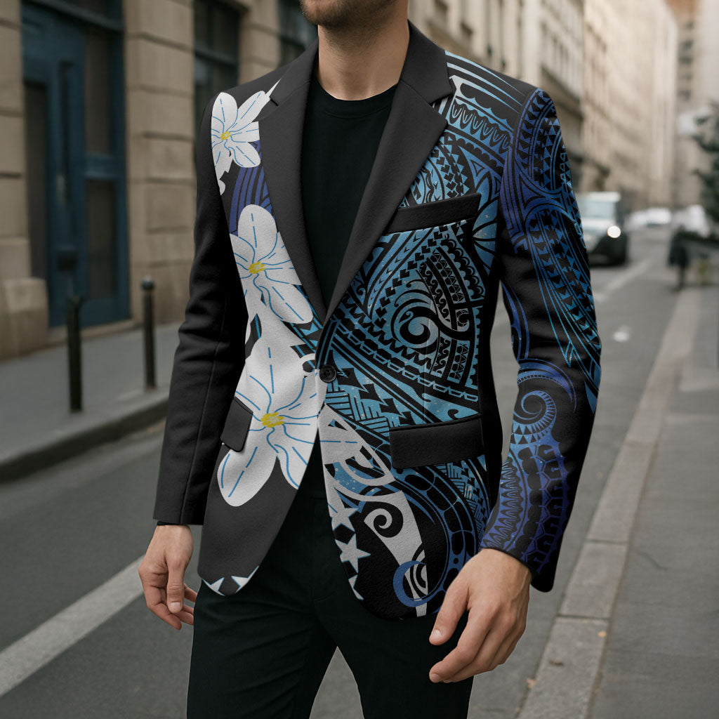 Cook Islands Maori Language Week Blazer Tiare Maori Kuki Airani Blue Pattern