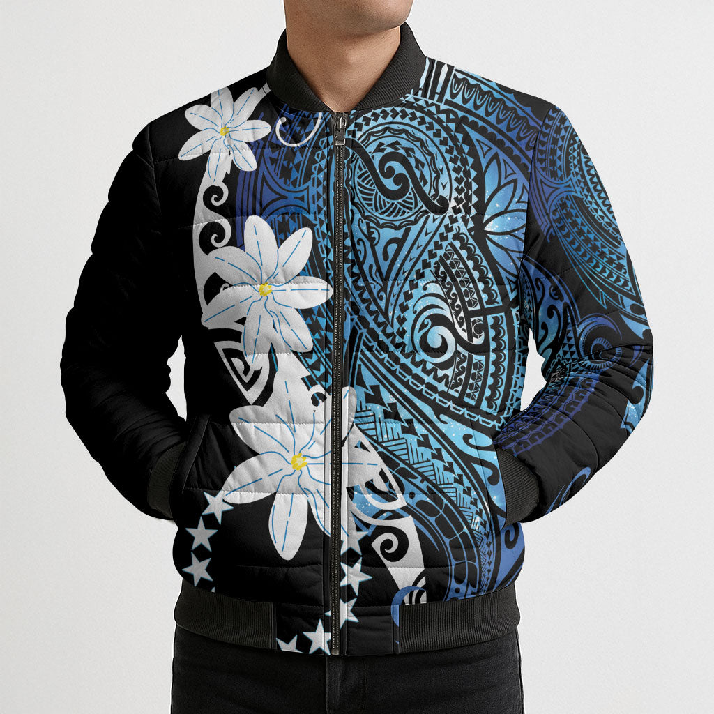 Cook Islands Maori Language Week Bomber Puffer Jacket Tiare Maori Kuki Airani Blue Pattern