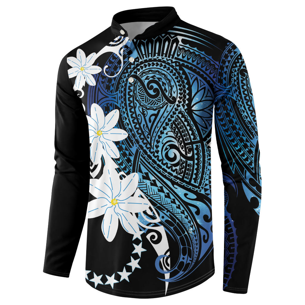Cook Islands Maori Language Week Button Sweatshirt Tiare Maori Kuki Airani Blue Pattern