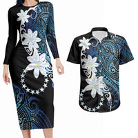 Cook Islands Maori Language Week Couples Matching Long Sleeve Bodycon Dress and Hawaiian Shirt Tiare Maori Kuki Airani Blue Pattern