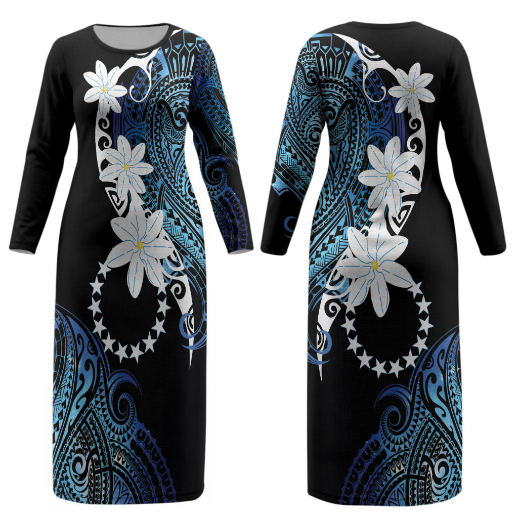 Cook Islands Maori Language Week Couples Matching Long Sleeve Bodycon Dress and Hawaiian Shirt Tiare Maori Kuki Airani Blue Pattern