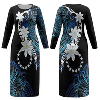 Cook Islands Maori Language Week Couples Matching Long Sleeve Bodycon Dress and Hawaiian Shirt Tiare Maori Kuki Airani Blue Pattern