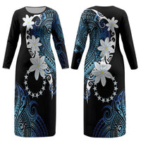 Cook Islands Maori Language Week Couples Matching Long Sleeve Bodycon Dress and Long Sleeve Button Shirt Tiare Maori Kuki Airani Blue Pattern