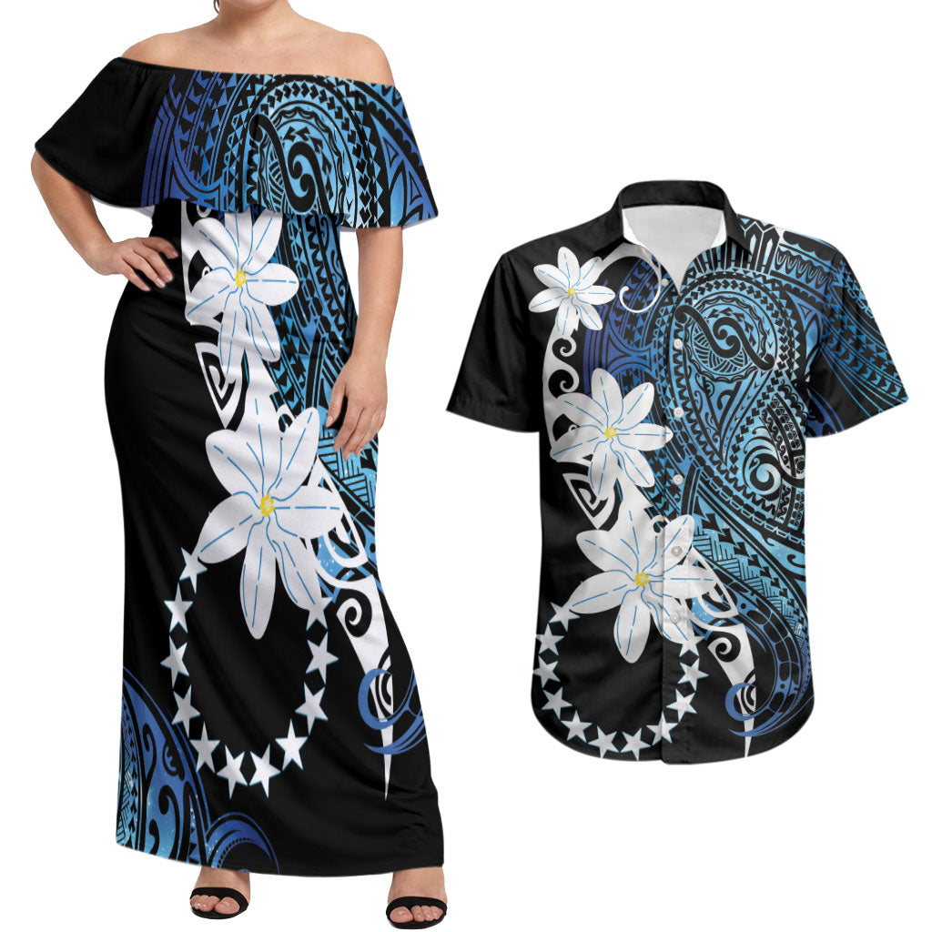Cook Islands Maori Language Week Couples Matching Off Shoulder Maxi Dress and Hawaiian Shirt Tiare Maori Kuki Airani Blue Pattern