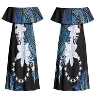 Cook Islands Maori Language Week Couples Matching Off Shoulder Maxi Dress and Hawaiian Shirt Tiare Maori Kuki Airani Blue Pattern