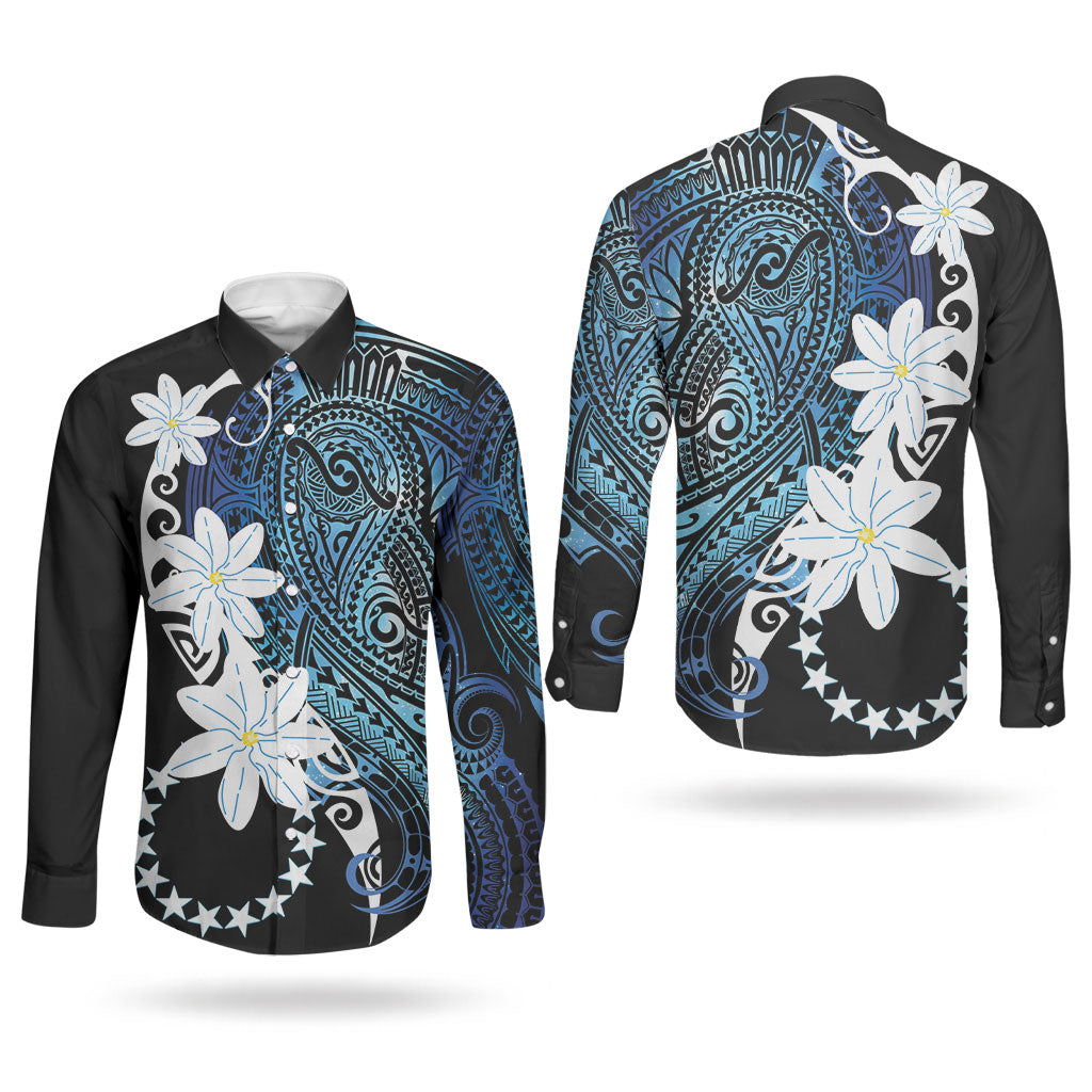 Cook Islands Maori Language Week Couples Matching Off Shoulder Maxi Dress and Long Sleeve Button Shirt Tiare Maori Kuki Airani Blue Pattern
