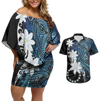 Cook Islands Maori Language Week Couples Matching Off Shoulder Short Dress and Hawaiian Shirt Tiare Maori Kuki Airani Blue Pattern