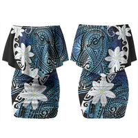 Cook Islands Maori Language Week Couples Matching Off Shoulder Short Dress and Long Sleeve Button Shirt Tiare Maori Kuki Airani Blue Pattern