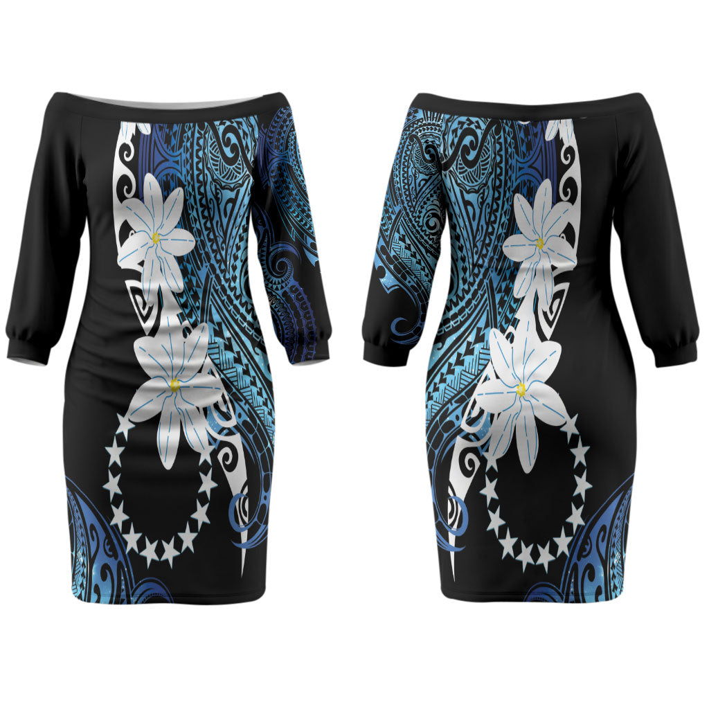 Cook Islands Maori Language Week Couples Matching Off The Shoulder Long Sleeve Dress and Hawaiian Shirt Tiare Maori Kuki Airani Blue Pattern