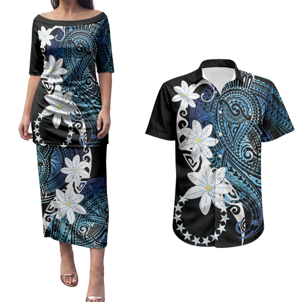 Cook Islands Maori Language Week Couples Matching Puletasi and Hawaiian Shirt Tiare Maori Kuki Airani Blue Pattern