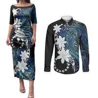 Cook Islands Maori Language Week Couples Matching Puletasi and Long Sleeve Button Shirt Tiare Maori Kuki Airani Blue Pattern