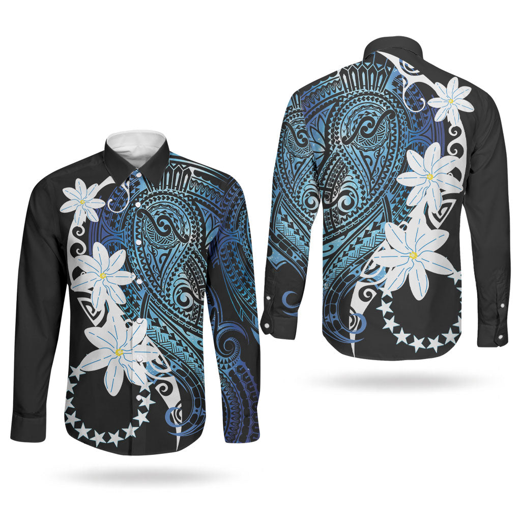 Cook Islands Maori Language Week Couples Matching Puletasi and Long Sleeve Button Shirt Tiare Maori Kuki Airani Blue Pattern