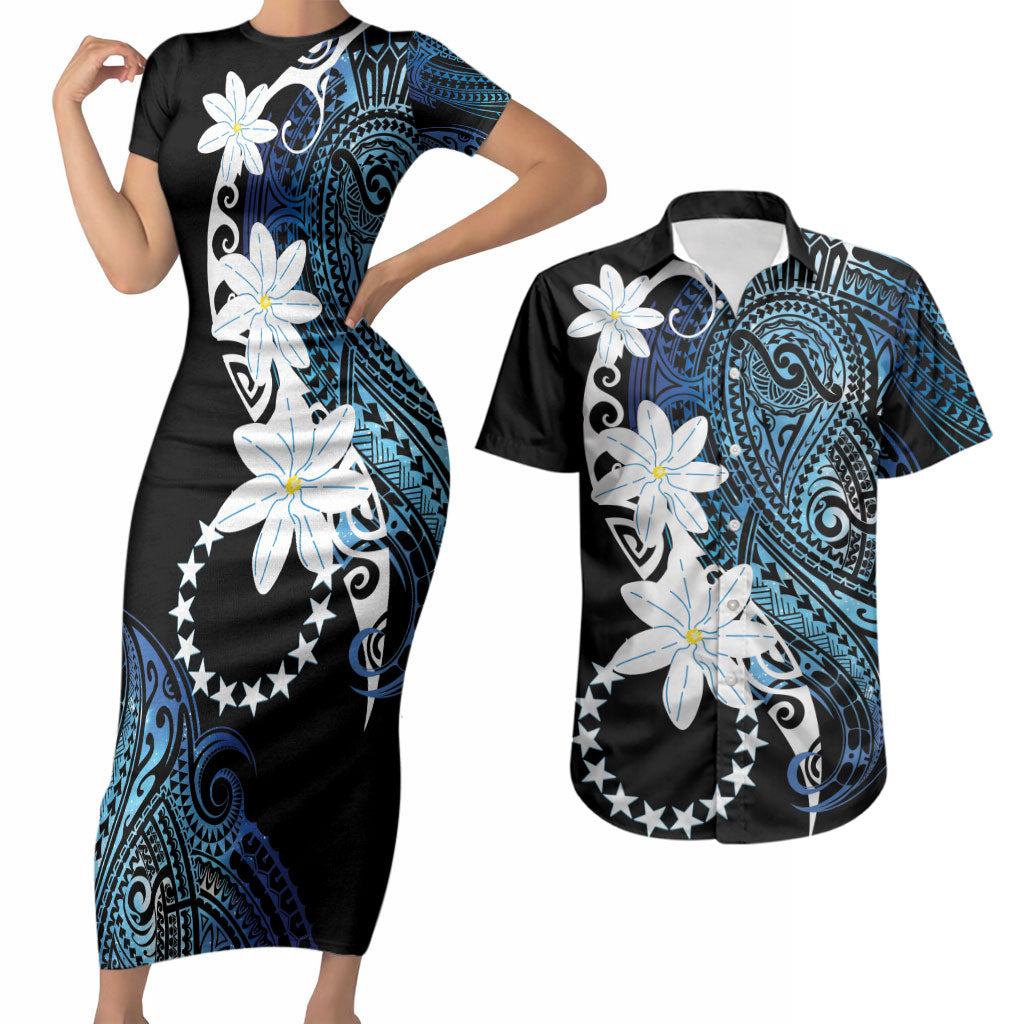 Cook Islands Maori Language Week Couples Matching Short Sleeve Bodycon Dress and Hawaiian Shirt Tiare Maori Kuki Airani Blue Pattern