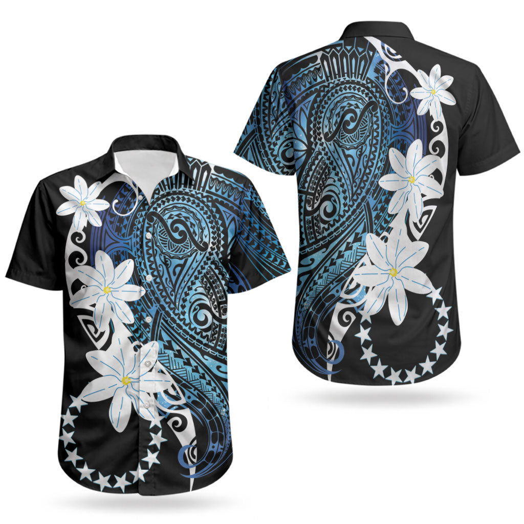 Cook Islands Maori Language Week Couples Matching Short Sleeve Bodycon Dress and Hawaiian Shirt Tiare Maori Kuki Airani Blue Pattern