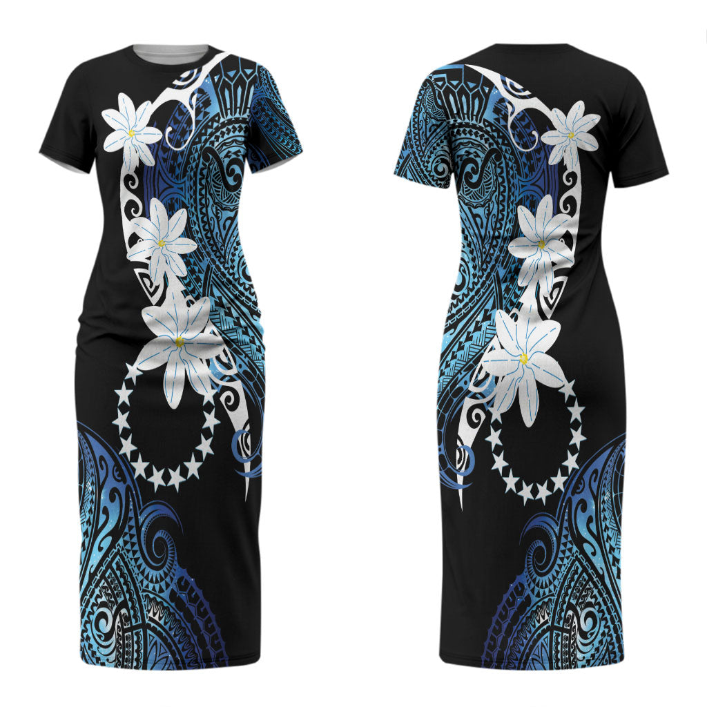 Cook Islands Maori Language Week Couples Matching Short Sleeve Bodycon Dress and Hawaiian Shirt Tiare Maori Kuki Airani Blue Pattern