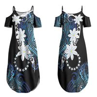 Cook Islands Maori Language Week Couples Matching Summer Maxi Dress and Long Sleeve Button Shirt Tiare Maori Kuki Airani Blue Pattern
