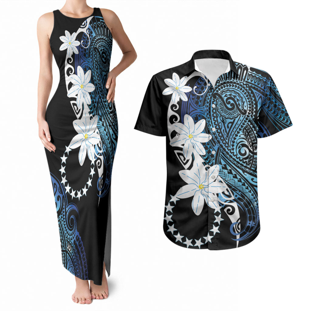 Cook Islands Maori Language Week Couples Matching Tank Maxi Dress and Hawaiian Shirt Tiare Maori Kuki Airani Blue Pattern