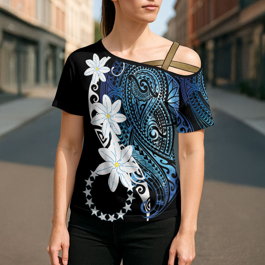 Cook Islands Maori Language Week Cross Shoulder Shirt Tiare Maori Kuki Airani Blue Pattern