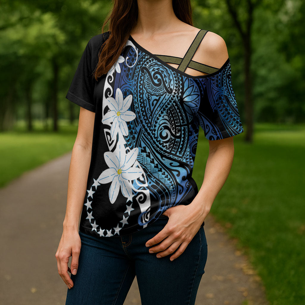 Cook Islands Maori Language Week Cross Shoulder Shirt Tiare Maori Kuki Airani Blue Pattern