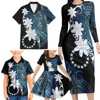 Cook Islands Maori Language Week Family Matching Long Sleeve Bodycon Dress and Hawaiian Shirt Tiare Maori Kuki Airani Blue Pattern