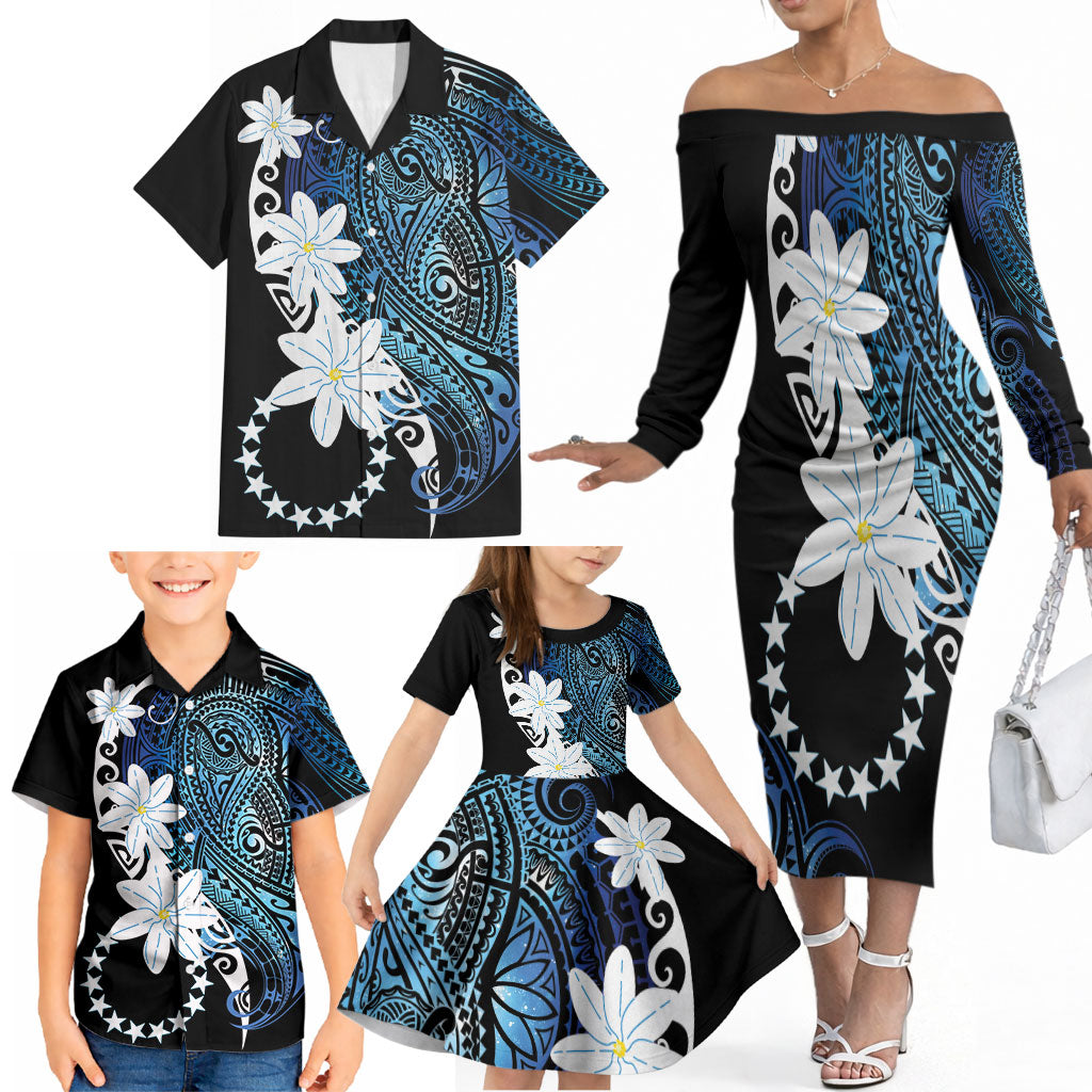 Cook Islands Maori Language Week Family Matching Off The Shoulder Long Sleeve Dress and Hawaiian Shirt Tiare Maori Kuki Airani Blue Pattern LT22 - Polynesian Pride