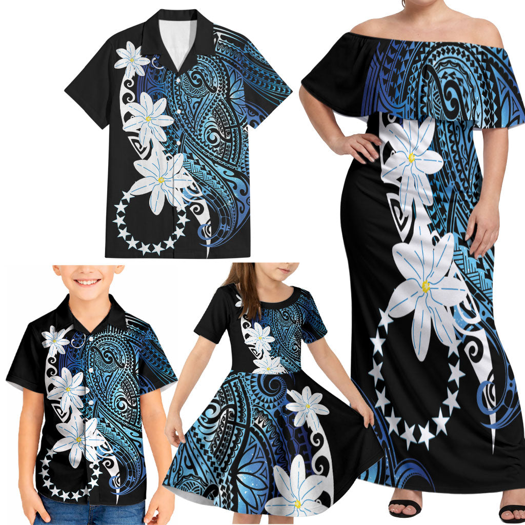 Cook Islands Maori Language Week Family Matching Off Shoulder Maxi Dress and Hawaiian Shirt Tiare Maori Kuki Airani Blue Pattern