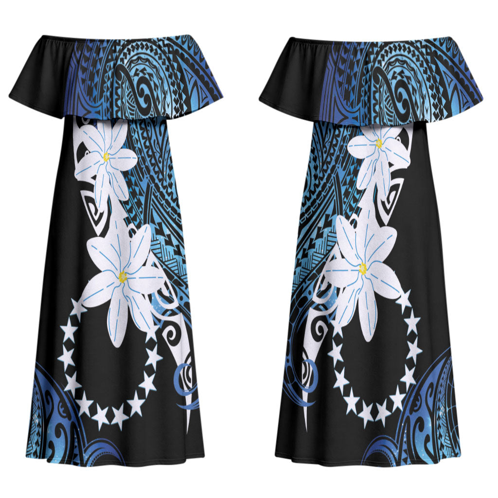 Cook Islands Maori Language Week Family Matching Off Shoulder Maxi Dress and Hawaiian Shirt Tiare Maori Kuki Airani Blue Pattern