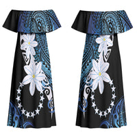 Cook Islands Maori Language Week Family Matching Off Shoulder Maxi Dress and Hawaiian Shirt Tiare Maori Kuki Airani Blue Pattern