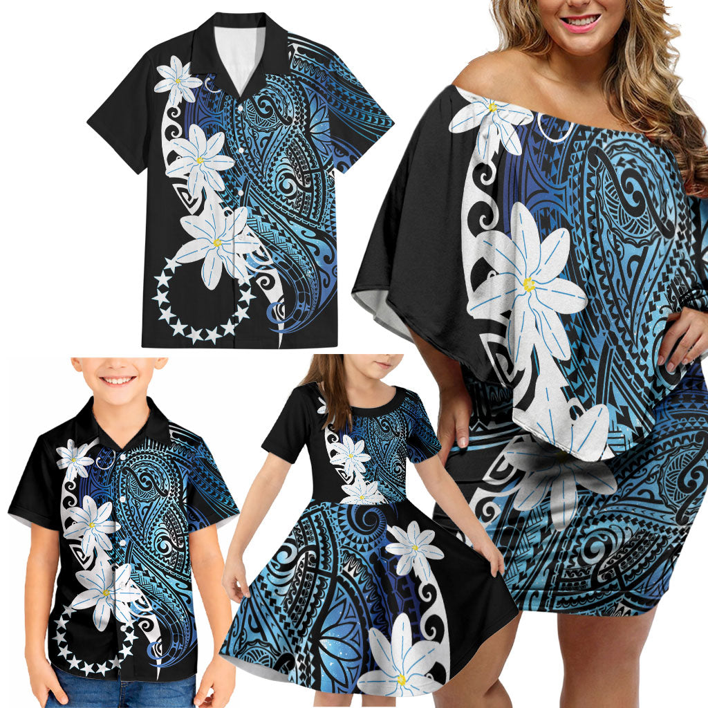 Cook Islands Maori Language Week Family Matching Off Shoulder Short Dress and Hawaiian Shirt Tiare Maori Kuki Airani Blue Pattern
