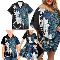 Cook Islands Maori Language Week Family Matching Off Shoulder Short Dress and Hawaiian Shirt Tiare Maori Kuki Airani Blue Pattern