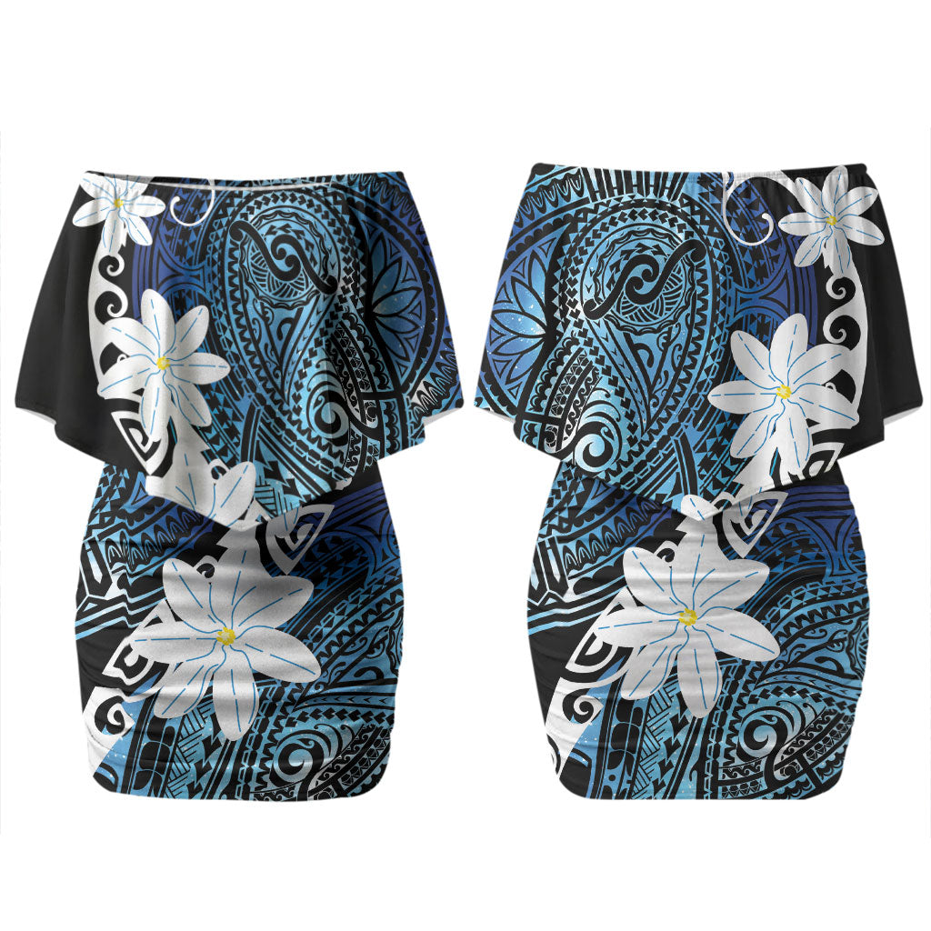 Cook Islands Maori Language Week Family Matching Off Shoulder Short Dress and Hawaiian Shirt Tiare Maori Kuki Airani Blue Pattern