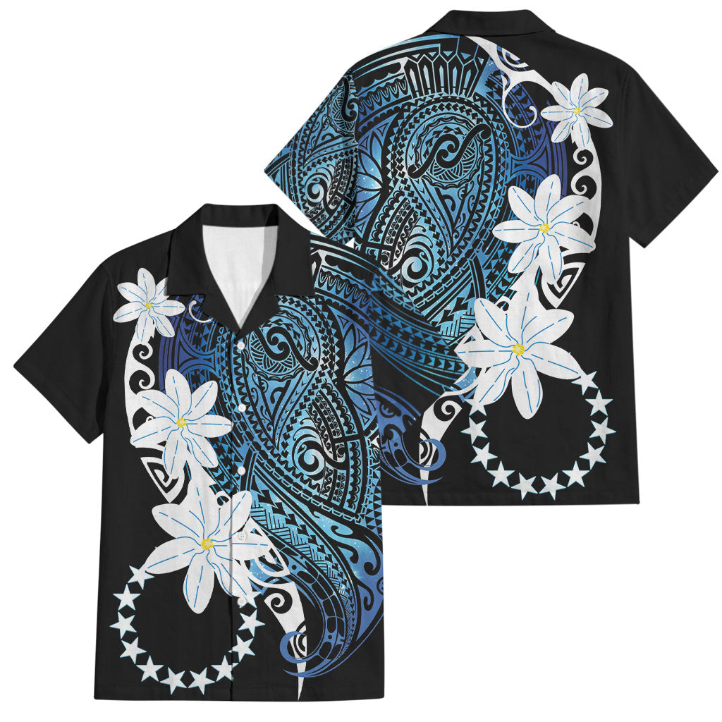 Cook Islands Maori Language Week Family Matching Off Shoulder Short Dress and Hawaiian Shirt Tiare Maori Kuki Airani Blue Pattern